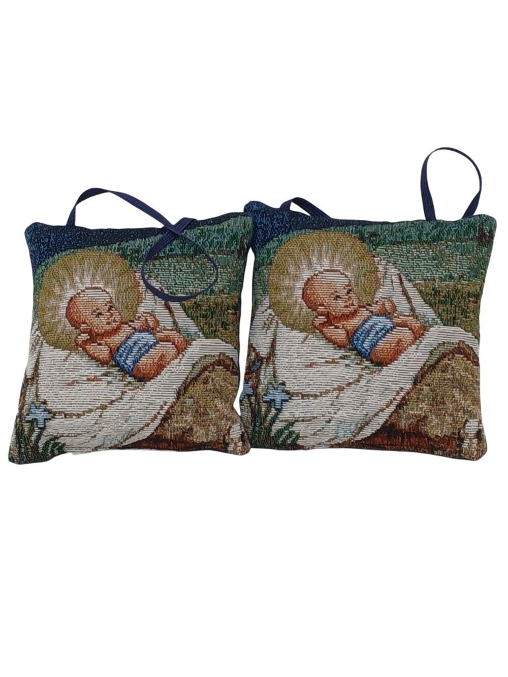 2 Baby Jesus Decorative Tapestry Sachet Pillows W/Loop 5.25" Sq Multicolor #D-9